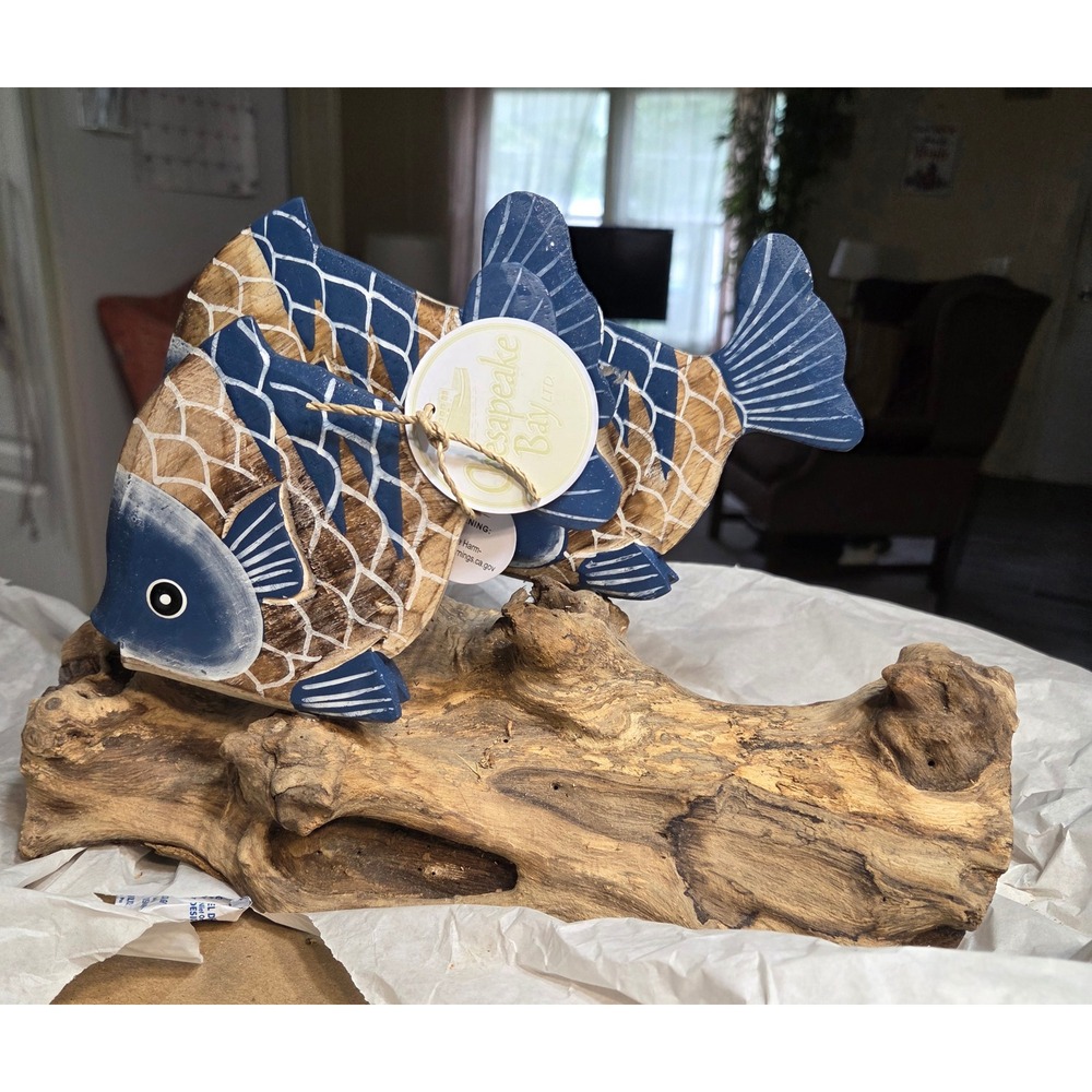 Chesapeake Bay Ltd Blue White Striped Wood Fish Trio on Driftwood Base 24376